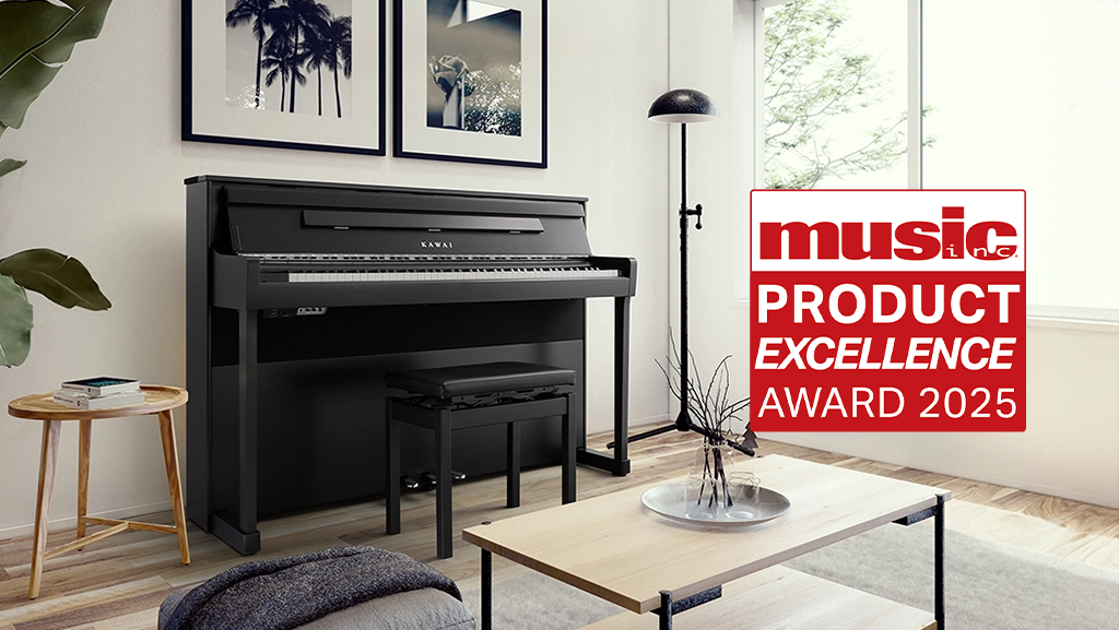 CA901 in contemporary living room next to Music Inc Product Excellence Award logo